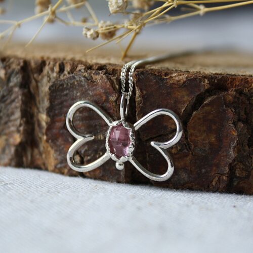 Zilveren Vlinder Hanger met Roze Toermalijn