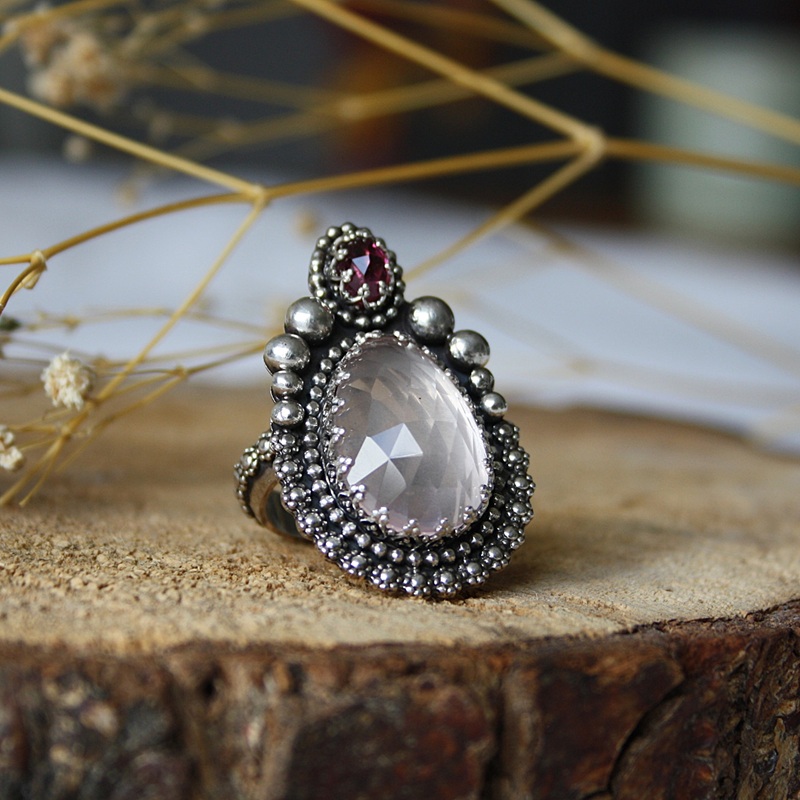 Zilveren Ring met Rozenkwarts en Donkerroze Toermalijn